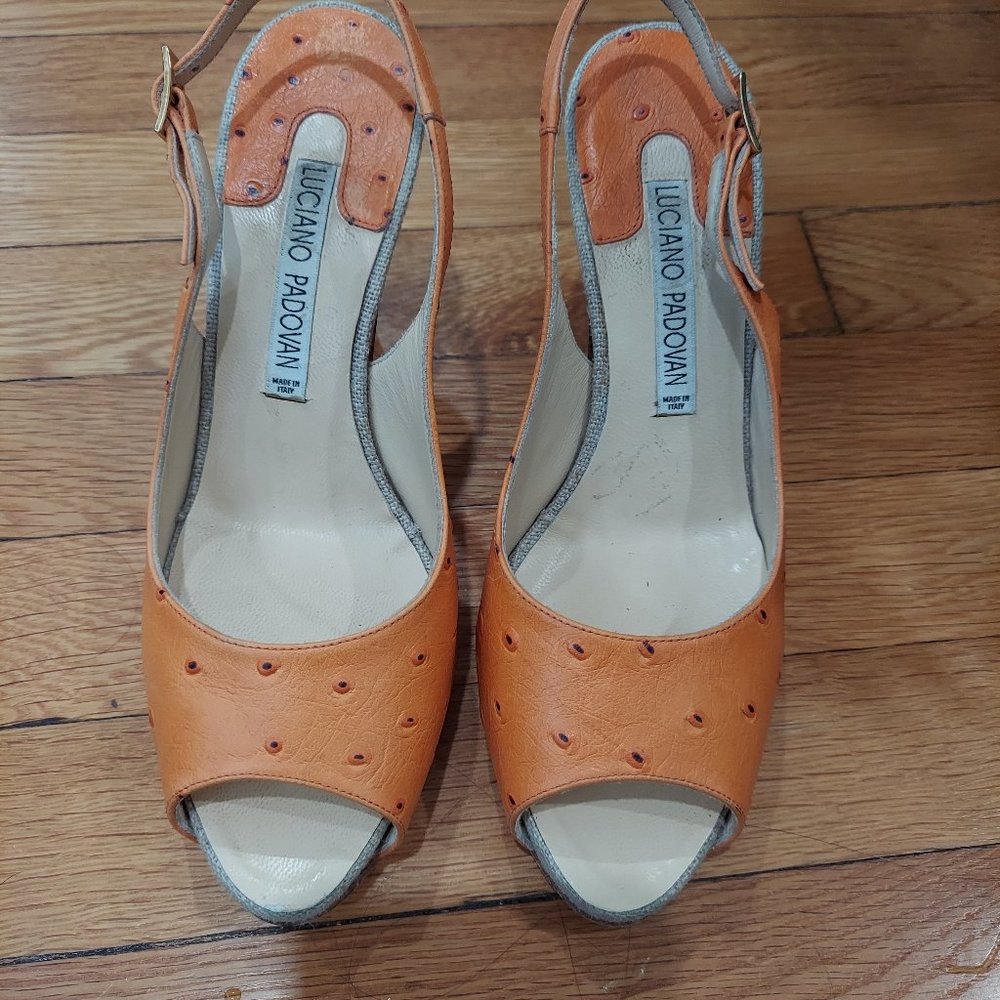 Vintage Luciano Padovan Leather Peep Toe Slingback Stiletto Pumps Ostrich 37